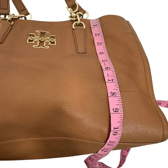Tory Burch Amanda Classic Pebbled Leather Tote Bag Tan Brown Gold Logo - Picture 5 of 11